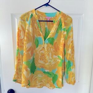 Lilly Pulitzer Women’s Silk Elsa Blouse Yellow Blue Green